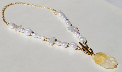 14k gold-filled Citrine Pendant- Baroque Pearl Necklace
