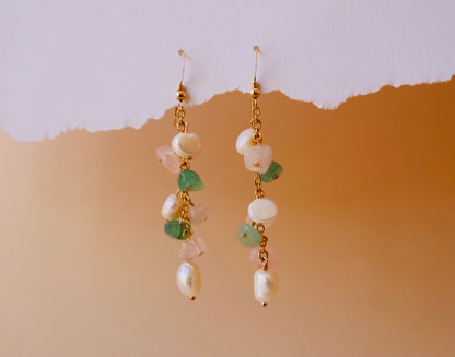 14k gold-filled Rose Quartz, Green Aventurine & Pearl Drop Earrings