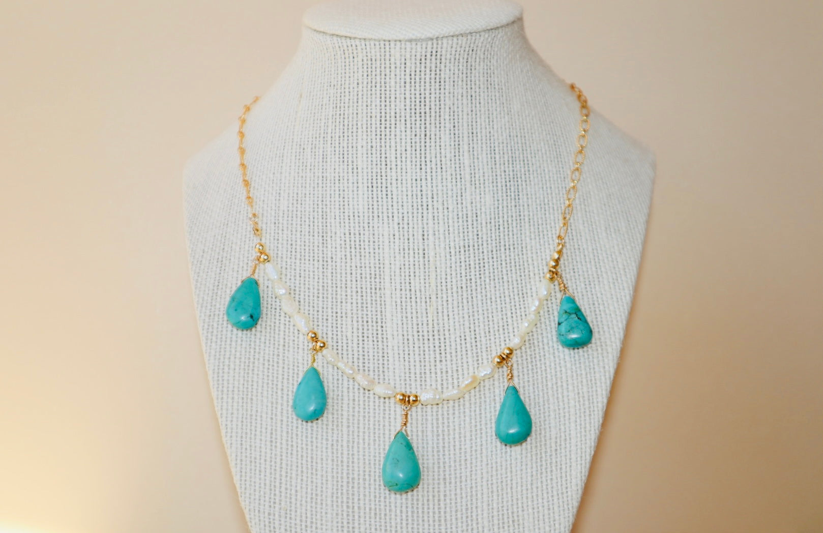 14k Gold-filled Turquoise Tear Drop and pearl necklace