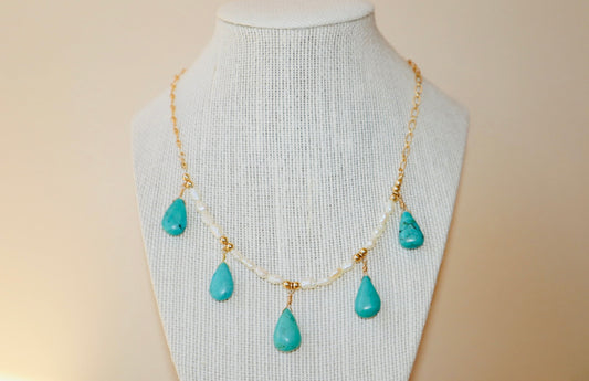 14k Gold-filled Turquoise Tear Drop and pearl necklace