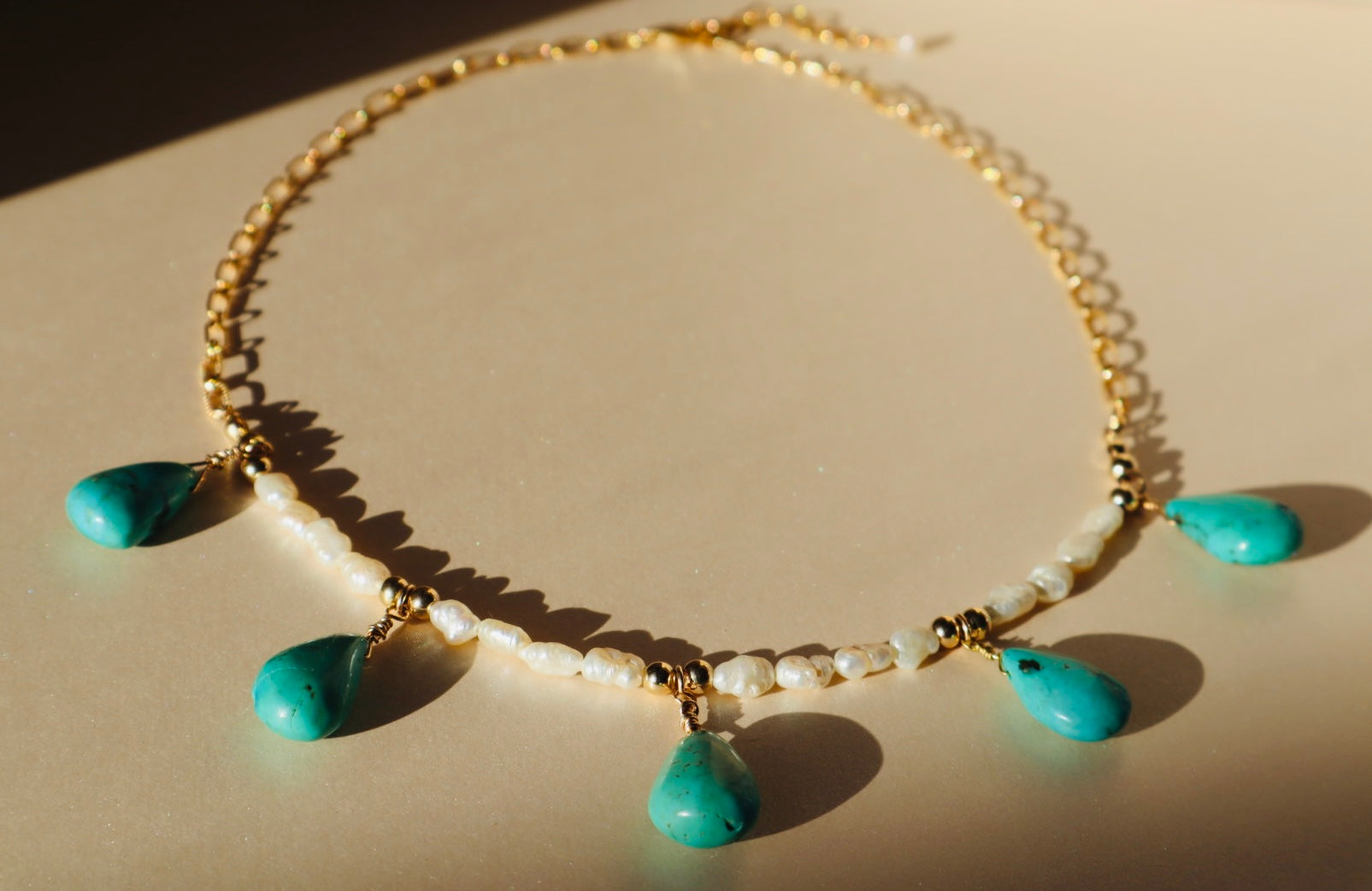 14k Gold-filled Turquoise Tear Drop and pearl necklace