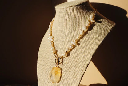 14k gold-filled Citrine Pendant- Baroque Pearl Necklace