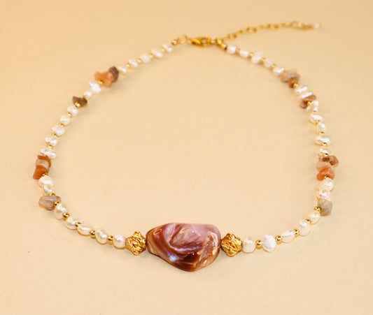 14k gold-filled polished shell pendant and Moonstone Choker