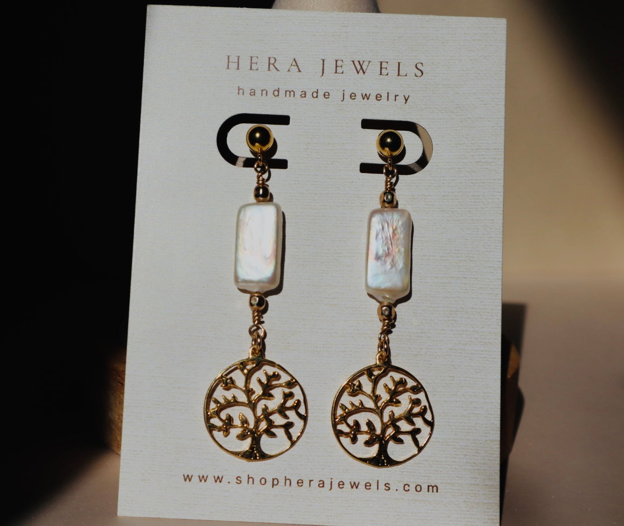 Freshwater pearl and gold Tree of Life stud earrings — Tree of Life earrings by Hera Jewels.