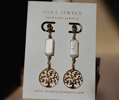 Freshwater pearl and gold Tree of Life stud earrings — Tree of Life earrings by Hera Jewels.