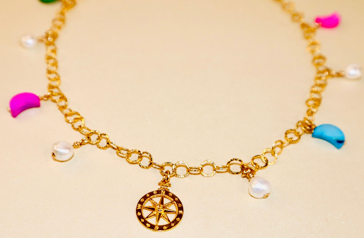 14k gold-filled compass pendant fancy gold chain necklace with colorful mother of pearl crescent moon and baroque pearls choker