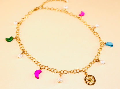 14k gold-filled compass pendant fancy gold chain necklace with colorful mother of pearl crescent moon and baroque pearls choker