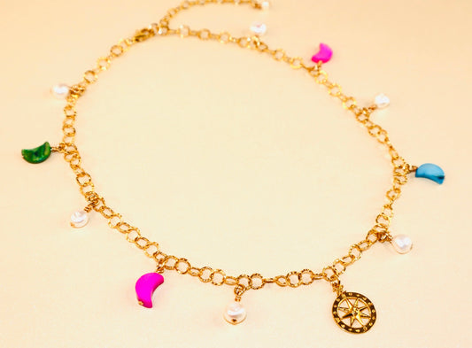14k gold-filled compass pendant fancy gold chain necklace with colorful mother of pearl crescent moon and baroque pearls choker