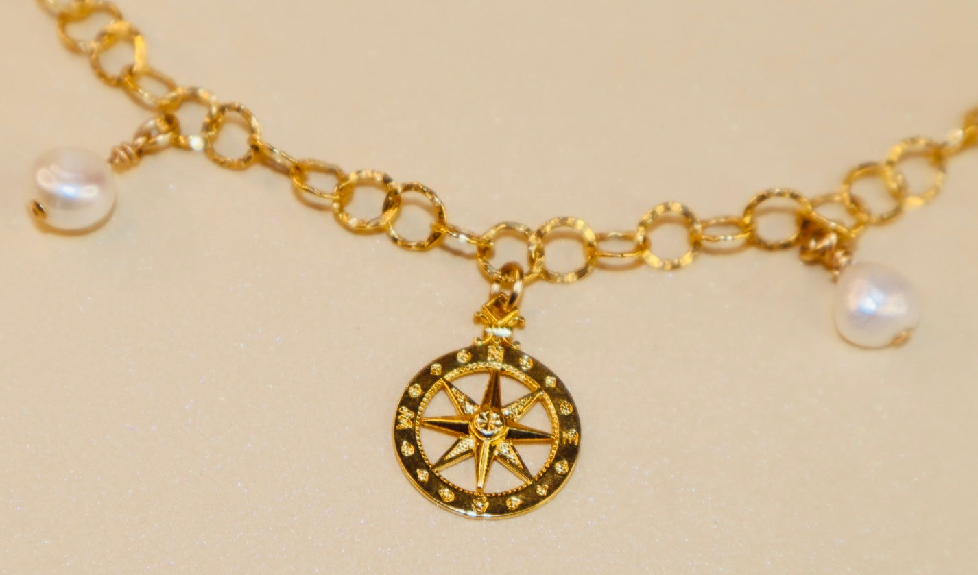 14k gold-filled compass pendant fancy gold chain necklace with colorful mother of pearl crescent moon and baroque pearls choker