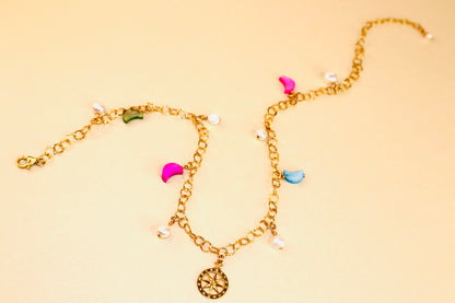 14k gold-filled compass pendant fancy gold chain necklace with colorful mother of pearl crescent moon and baroque pearls choker